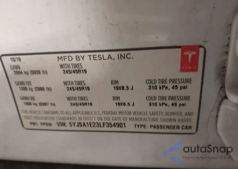 2020 Tesla Model S Long Range Dual Motor All-Wheel Drive/Long Range Plus Dual Motor All-Wheel Drive из США, поврежденный, VIN 5YJSA1E23LF354901